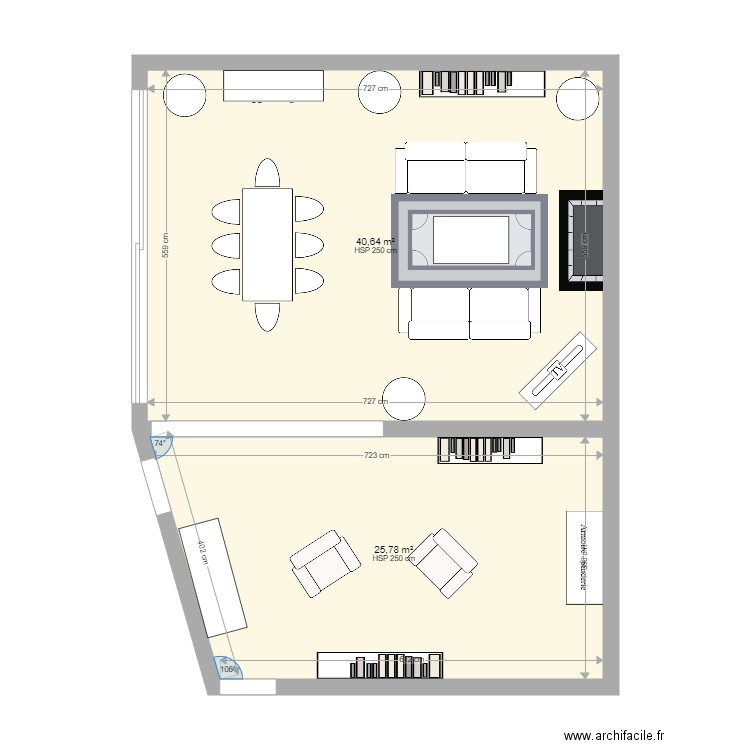 Plan salon 1 cheminée monumentale. Plan de 2 pièces et 66 m2
