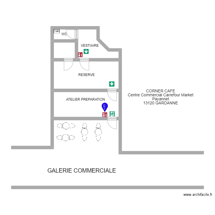 CORNER CAFE. Plan de 5 pièces et 37 m2