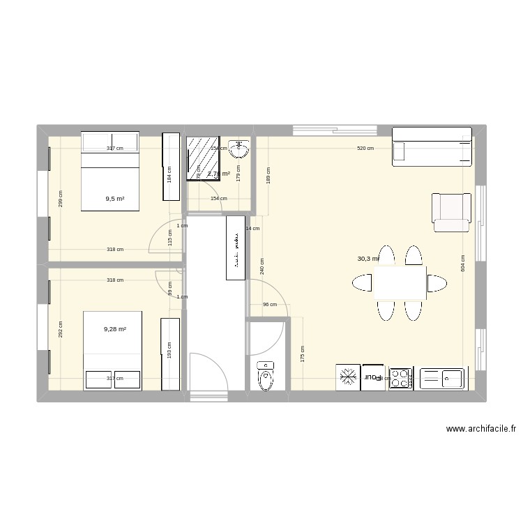 essaimage 65 b. Plan de 4 pièces et 52 m2