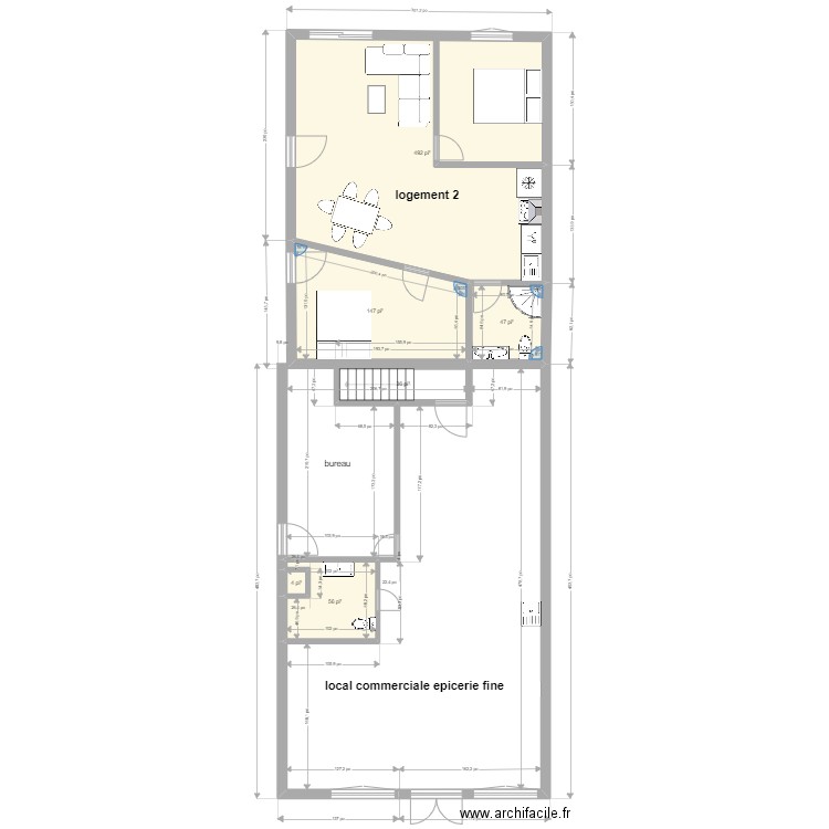 epicerie et logement 2. Plan de 6 pièces et 73 m2