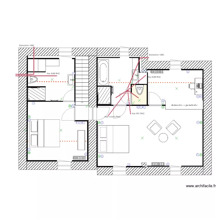 premier etage V2 VMC pour 1er &eacute;tage et RdC. Plan de 