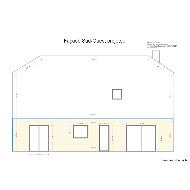 Facade SO projet&eacute;e. Plan de 
