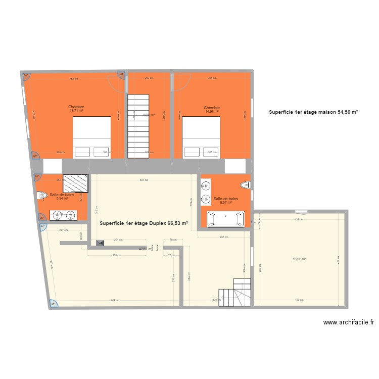 Etage 1 état actuel. Plan de 7 pièces et 120 m2