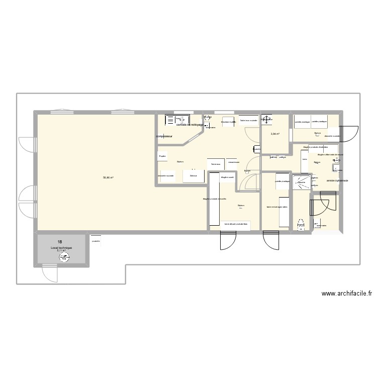 plan cuisine de fabrication de pâtes. Plan de 10 pièces et 125 m2