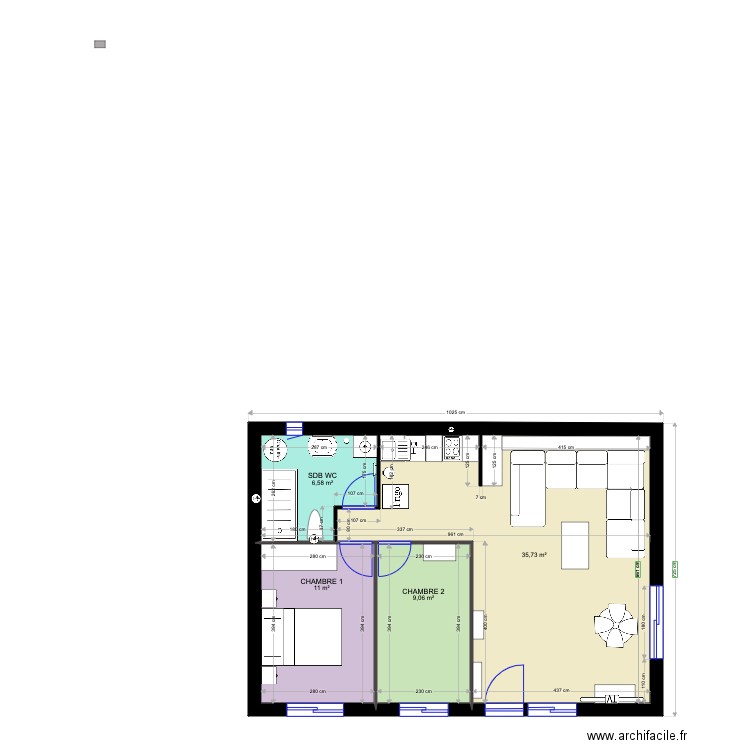 MAISON PLAIN PIED 60 M2 V1. Plan de 4 pièces et 62 m2