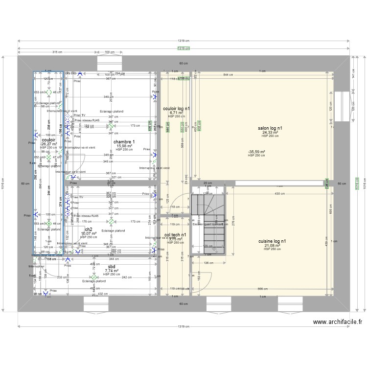 PROJET LACAUNE étage 1 elec . Plan de 9 pièces et 185 m2