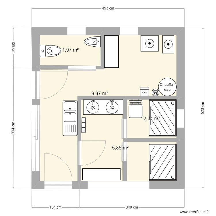 Bloc sanitaire. Plan de 4 pièces et 20 m2