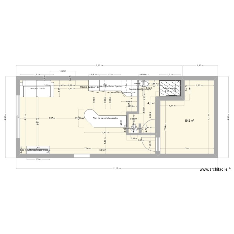 studio. Plan de 3 pièces et 42 m2