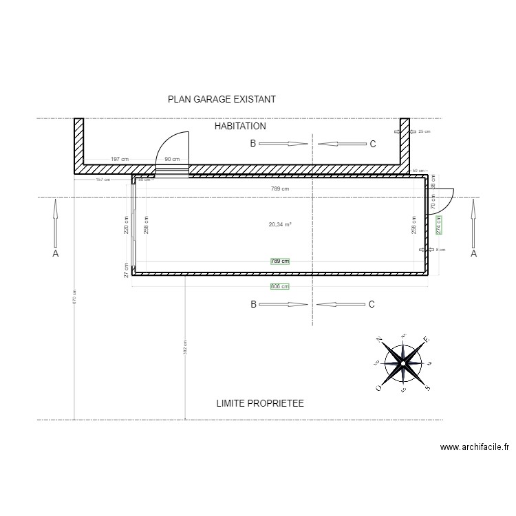 Plan garage / Existant  . Plan de 1 pièce et 20 m2