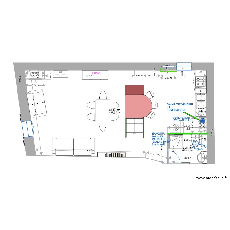 2 EME ÉTAGE  MODIF EAU ÉVACUATION. Plan de 2 pièces et 44 m2