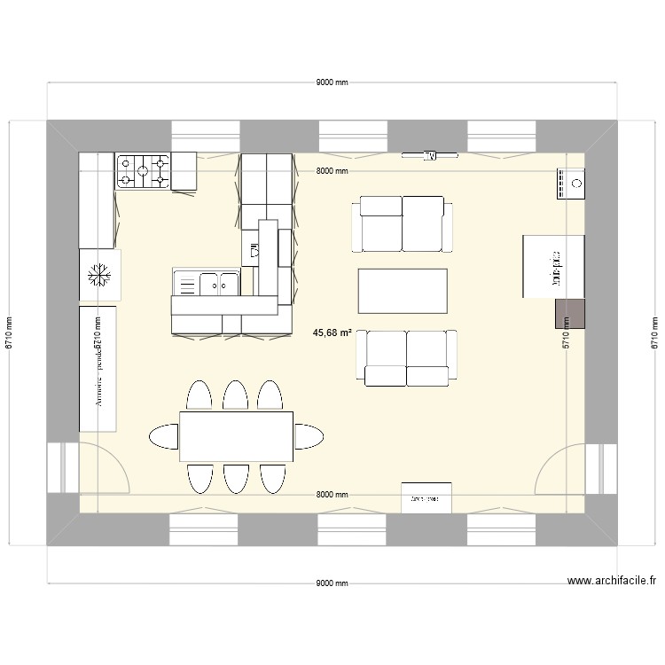 CUISINE ACC. Plan de 1 pièce et 46 m2