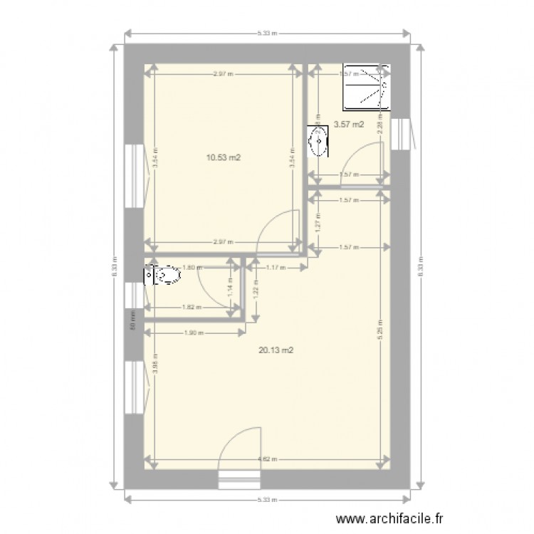 studio 40 m2. Plan de 3 pièces et 34 m2