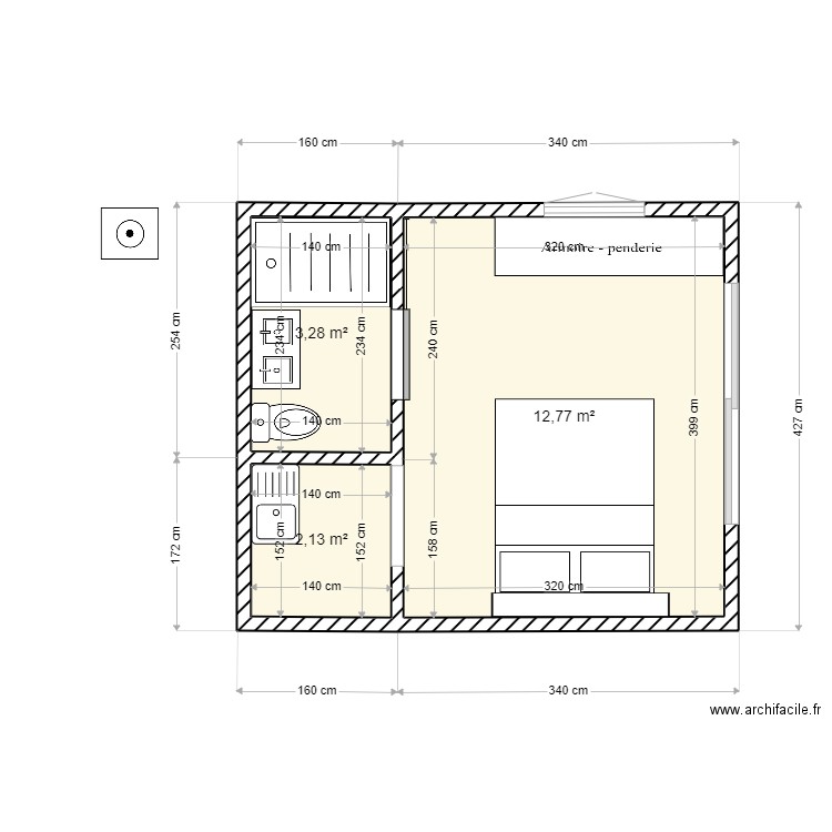 BUNGALOW 2. Plan de 3 pièces et 18 m2