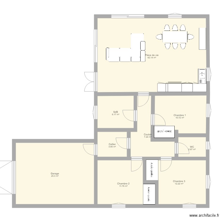 Maison rectangle garage cellier 100m2. Plan de 0 pièce et 0 m2