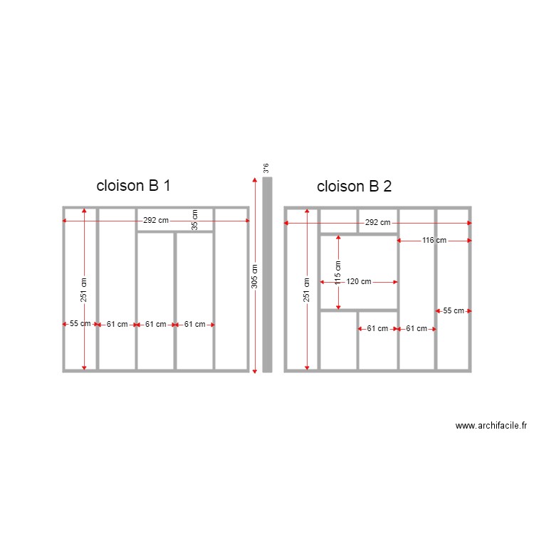 maison tuanui cloison B1 B2 cotation rouge. Plan de 0 pièce et 0 m2