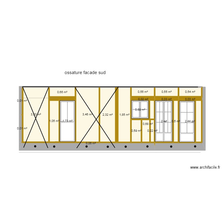 murs periférique facade sud. Plan de 26 pièces et 26 m2