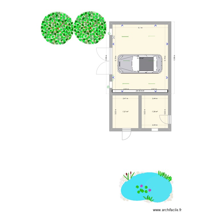 hangare. Plan de 3 pièces et 46 m2