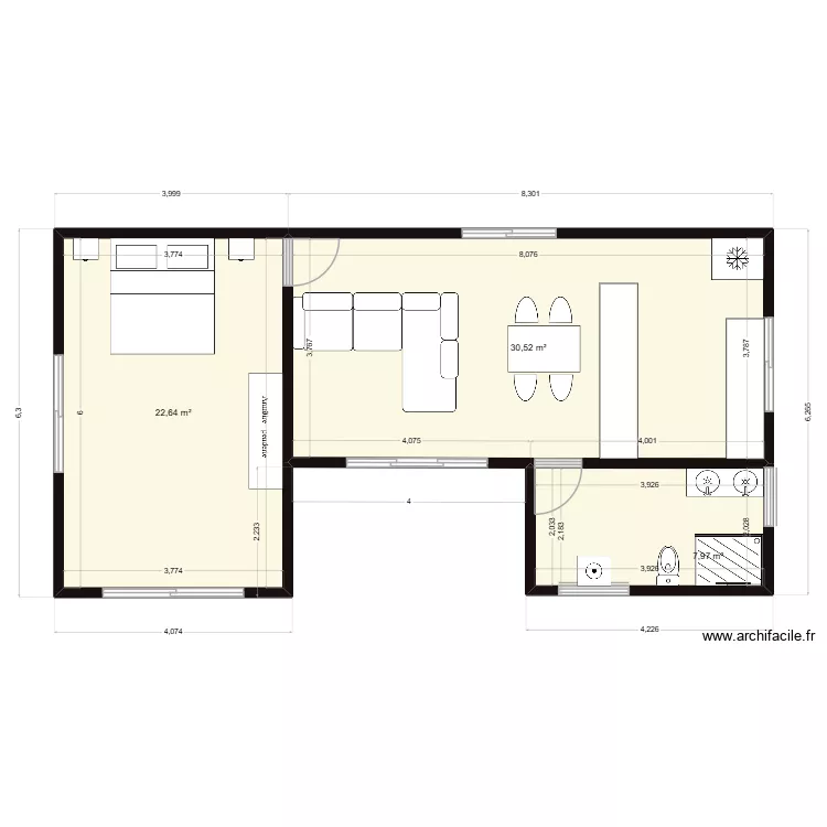 Fare 1 chambre, Salon/cuisine + SDB. Plan de 3 et 61 m² Fare 1 chambre, Salon/cuisine + SDB. Plan de 3 et 61 m²
