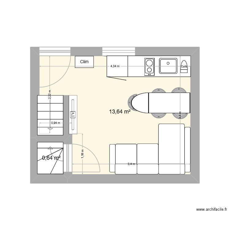 RDC - Salon/Cuisine - Muret. Plan de 2 pièces et 14 m2