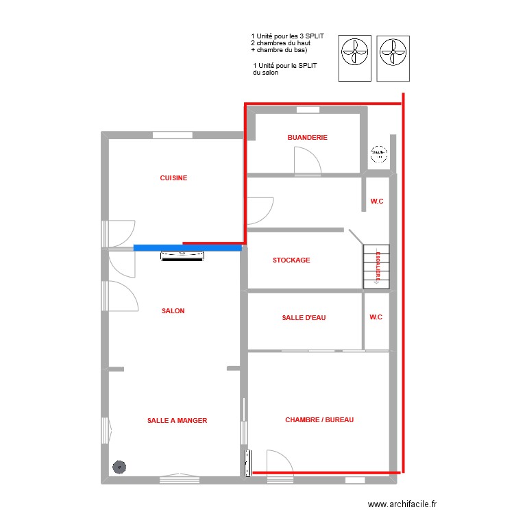 AIR CONDITIONNEE RdC. Plan de 3 pièces et 50 m2