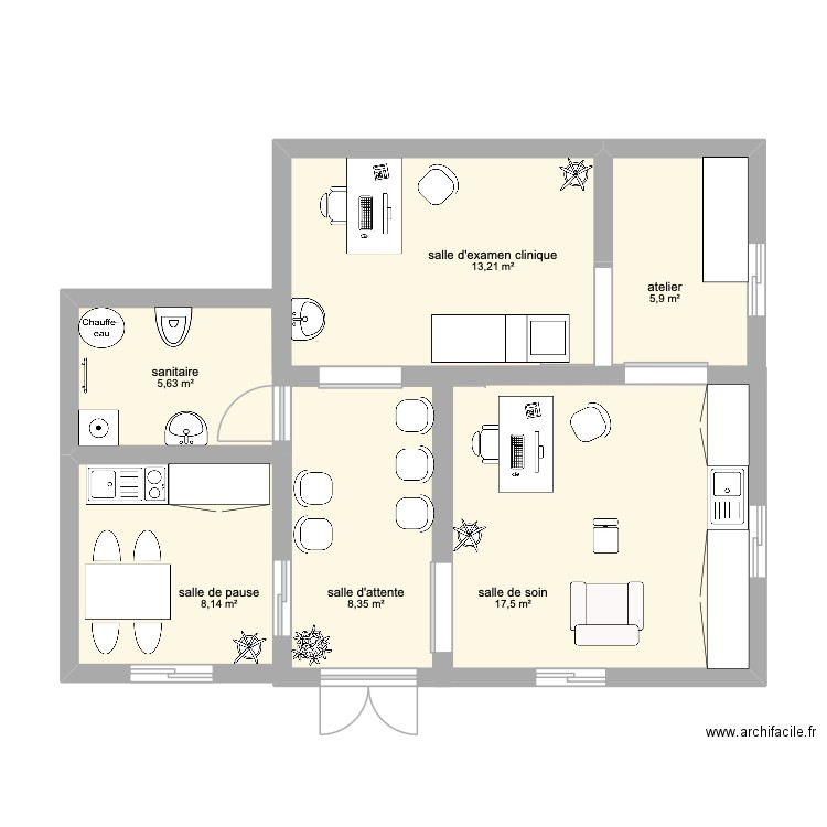 cabinet. Plan de 3 pièces et 39 m2