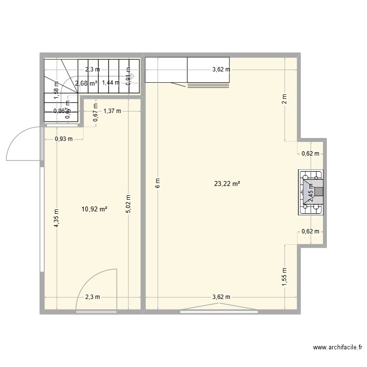 RDC-Cuisine-couloir. Plan de 3 pièces et 37 m2