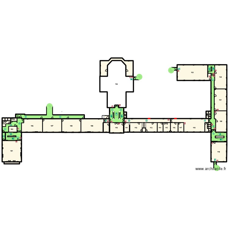 Plan 1er étage V2 avec salles et sécurité façade nord. Plan de 62 pièces et 1317 m2