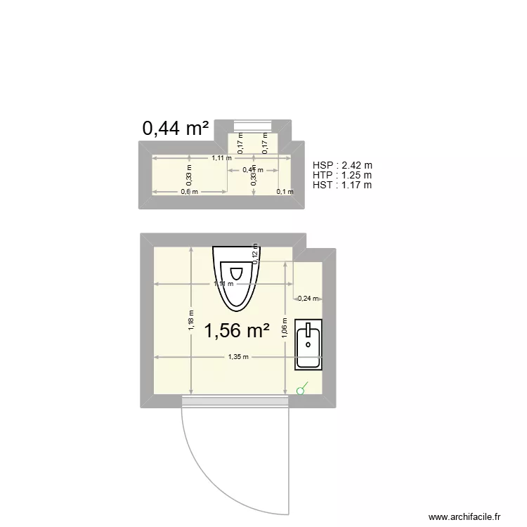 wc M&J. Plan de 2  et 2 m²