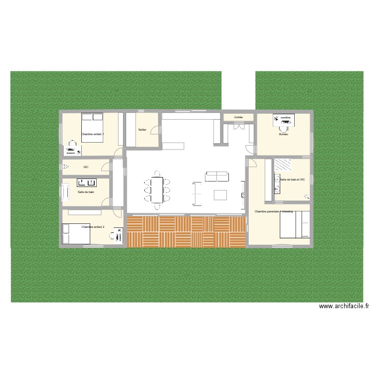 Maison en U. Plan de 9 pièces et 146 m2