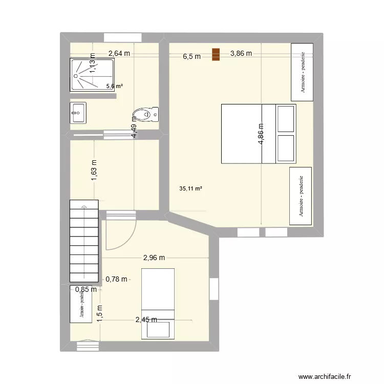 Etage vsdb1. Plan de 2 pièces et 41 m²