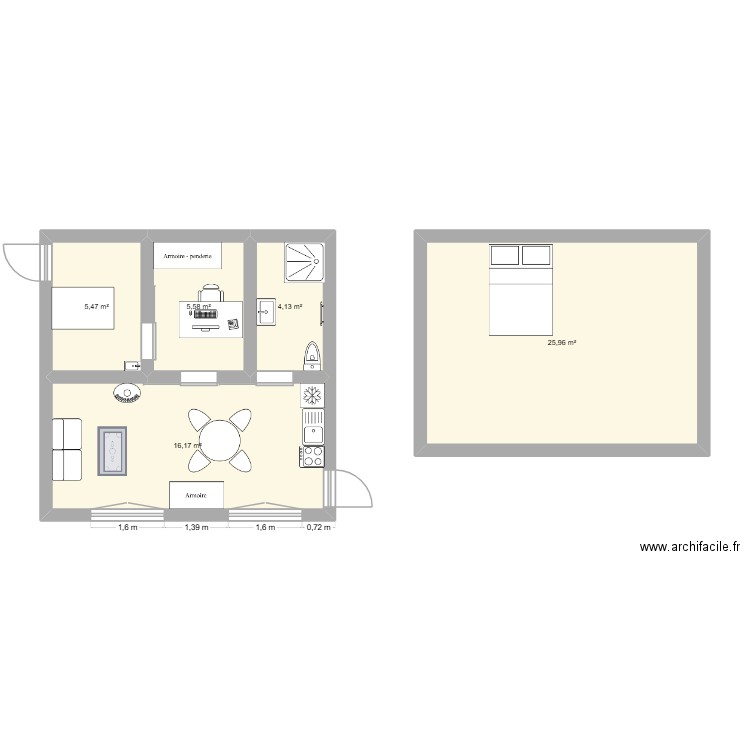 Cabanon. Plan de 5 pièces et 57 m2