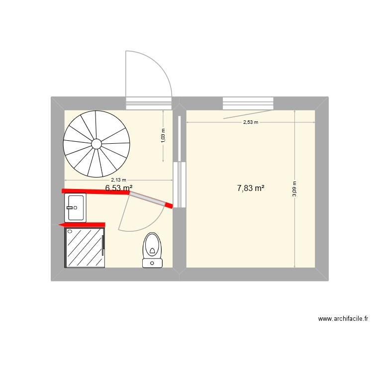 bas. Plan de 2 pièces et 14 m2