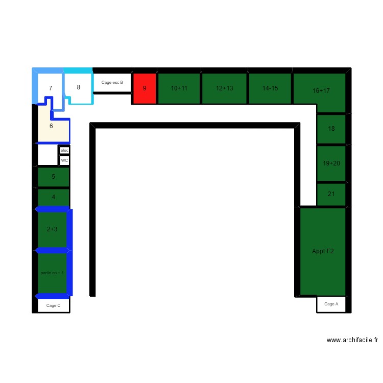 1er étage option 1. Plan de 21 pièces et 17 m2