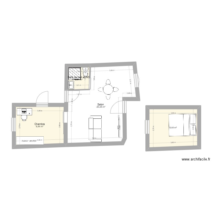 RDC meublé. Plan de 4 pièces et 42 m2