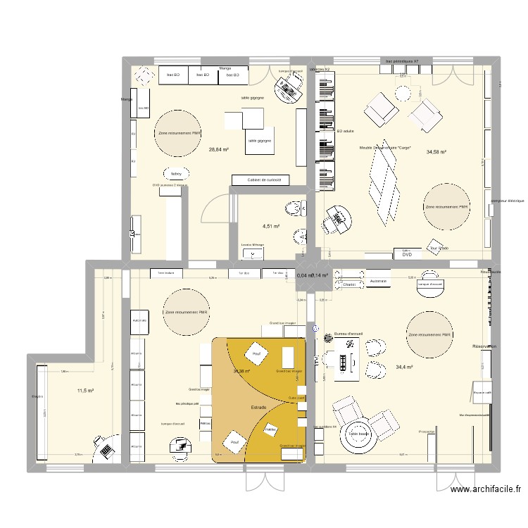 Médiathéque éphémère Aménagement 4. Plan de 8 pièces et 148 m2