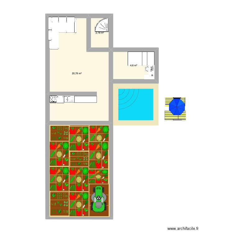 popopop. Plan de 3 pièces et 28 m2