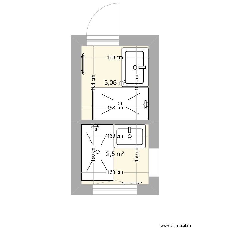 salle de bain pillerie v2. Plan de 2 pièces et 6 m2