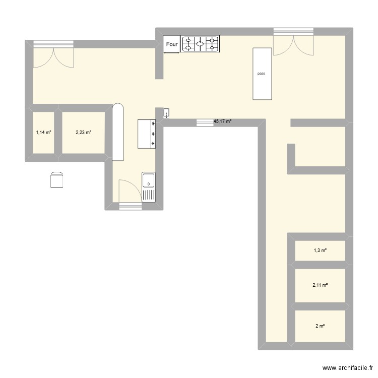 cuisine. Plan de 6 pièces et 54 m2