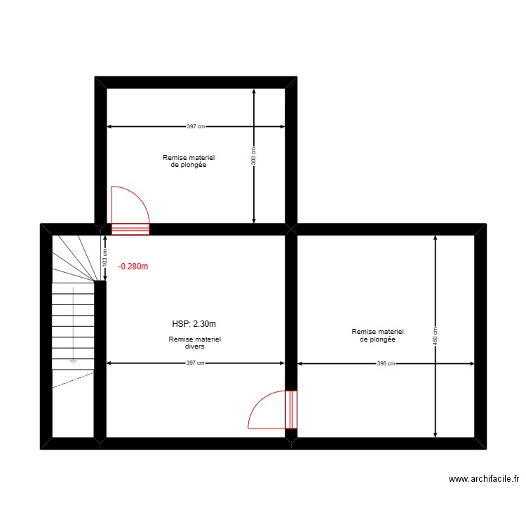 Tcap21 sous-sol après travaux. Plan de 3 pièces et 52 m2