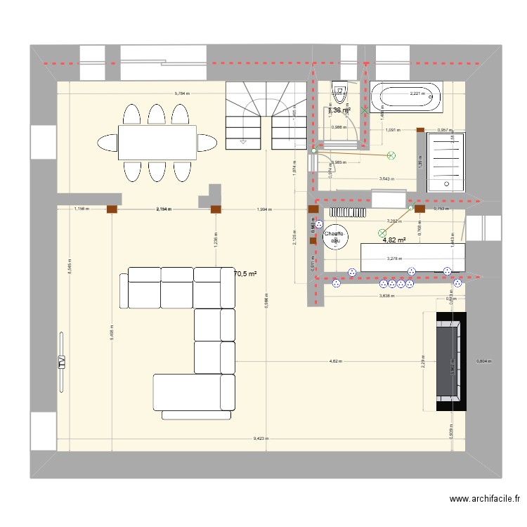 salon salle de bain 6. Plan de 3 pièces et 77 m2