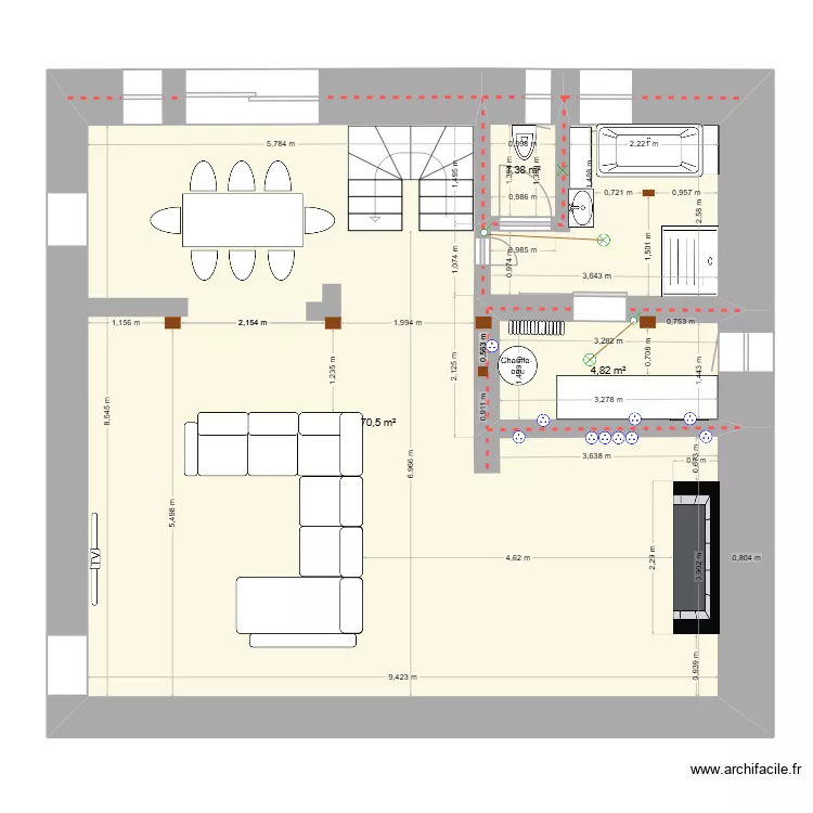 salon salle de bain 6. Plan de 3 pièces et 77 m²