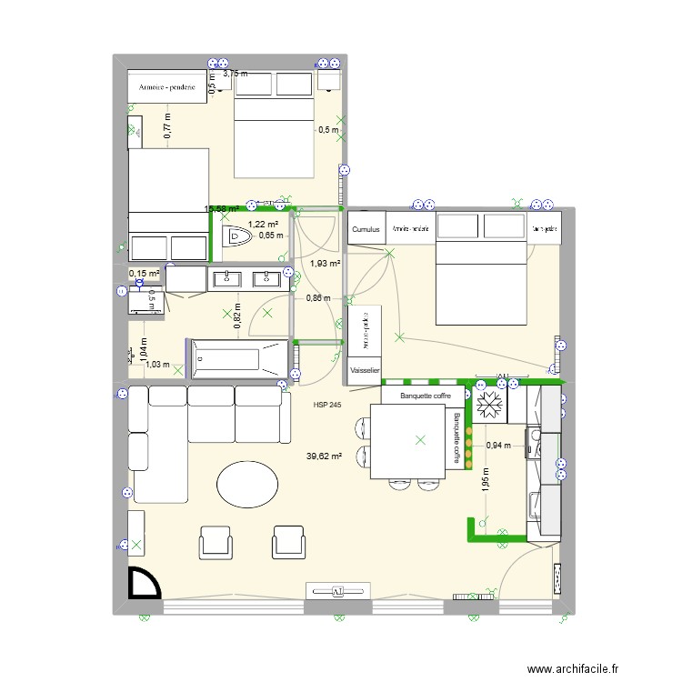 Auron - Cloisonnement - Amenagement 1. Plan de 5 pièces et 59 m2