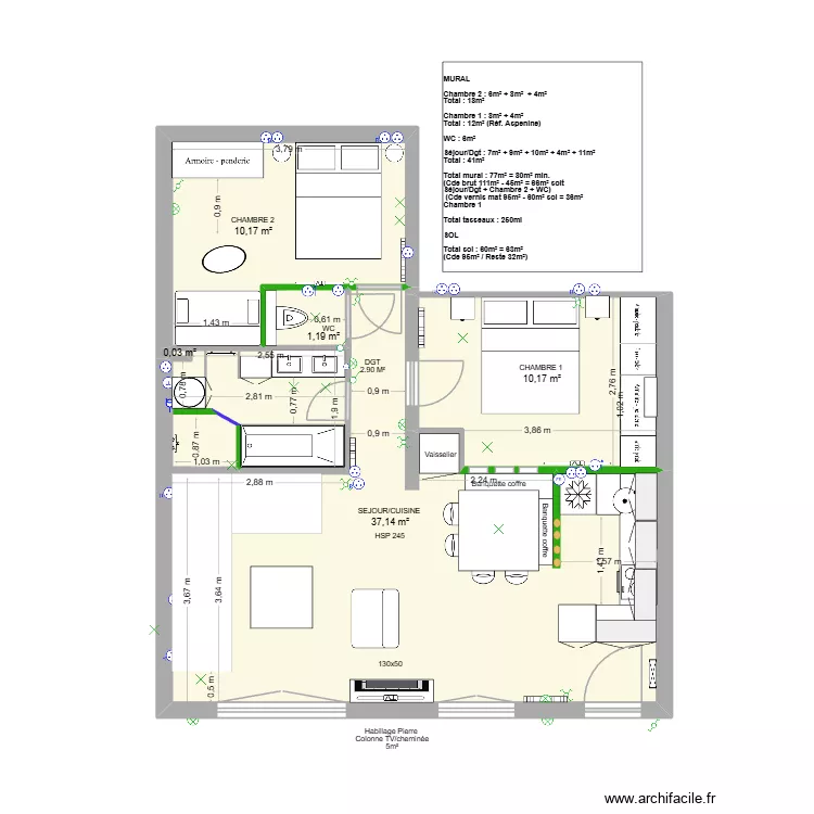 Auron - Cloisonnement - Amenagement 1. Plan de 5  et 59 m²