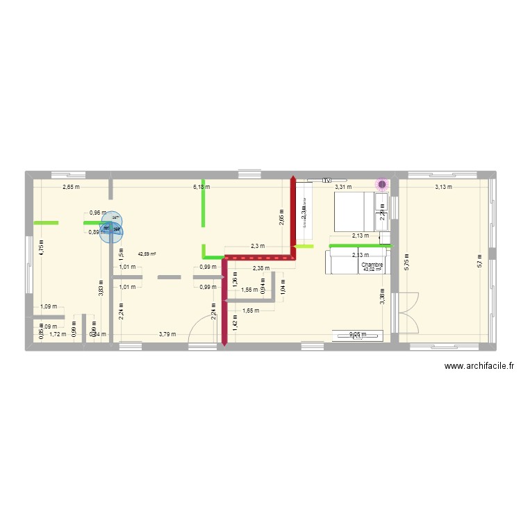 premier plan cloison. Plan de 2 pièces et 86 m2