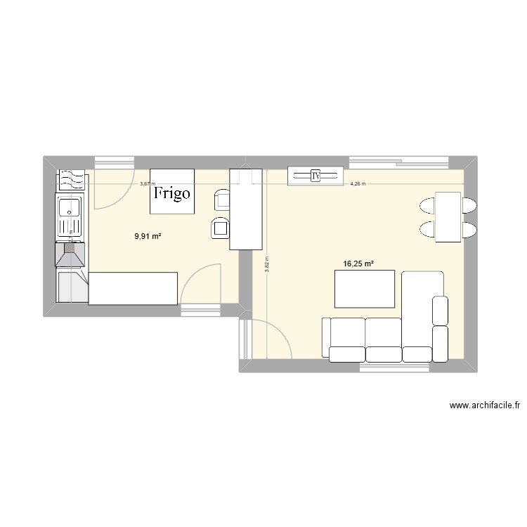 mon salon ma cuisine. Plan de 2 pièces et 26 m2