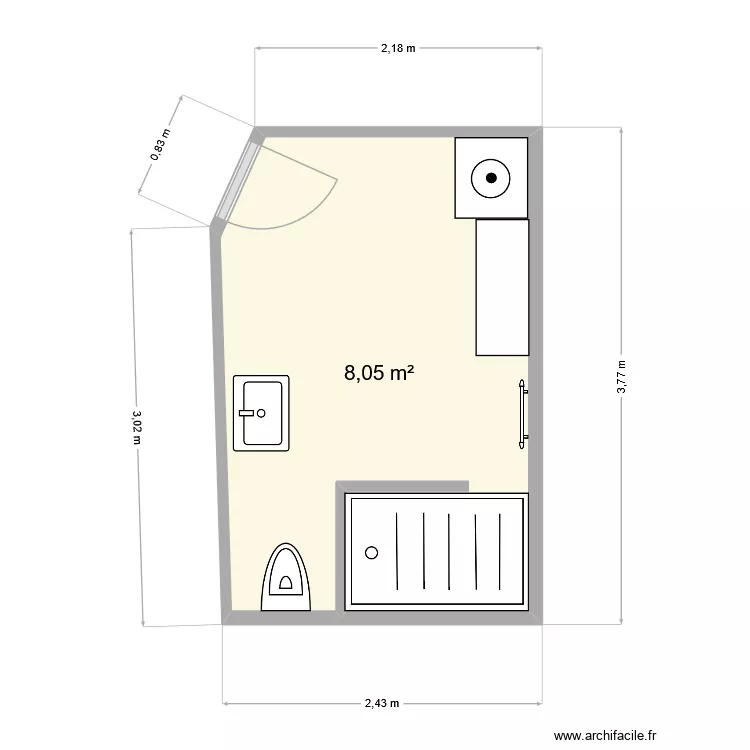 Salle de bains g&icirc;te. Plan de 1  et 8 m²
