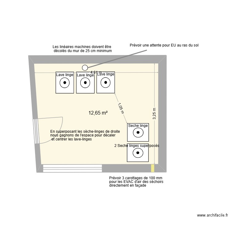 SCHEMA IMPLANTATION LAVERIE CARRE RABELAIS. Plan de 1 pièce et 13 m2