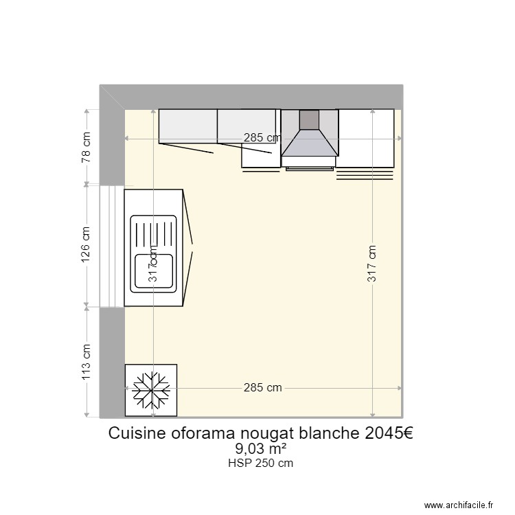 cuisine occonforama nougat blanche 2045€. Plan de 1 pièce et 9 m2