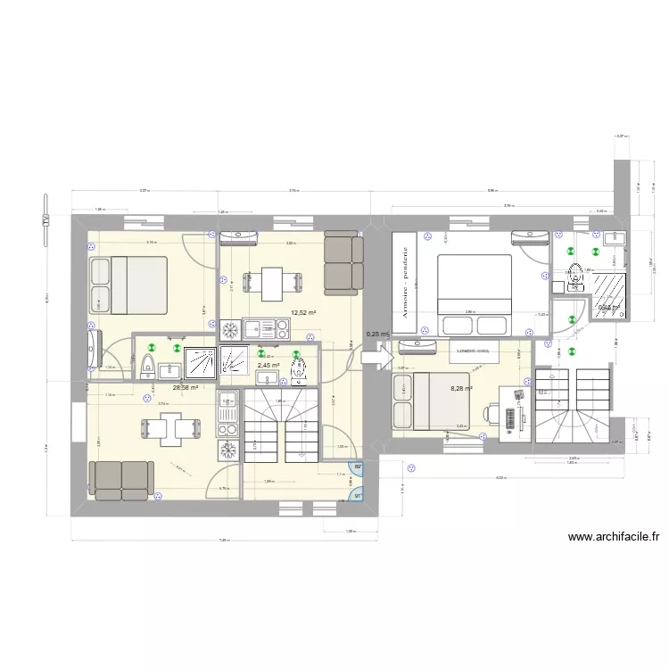 cc2-LOGEMENT ETAGE  avec une chambre ind&eacute;pendante. Plan de 6 Pièces et 53 m²