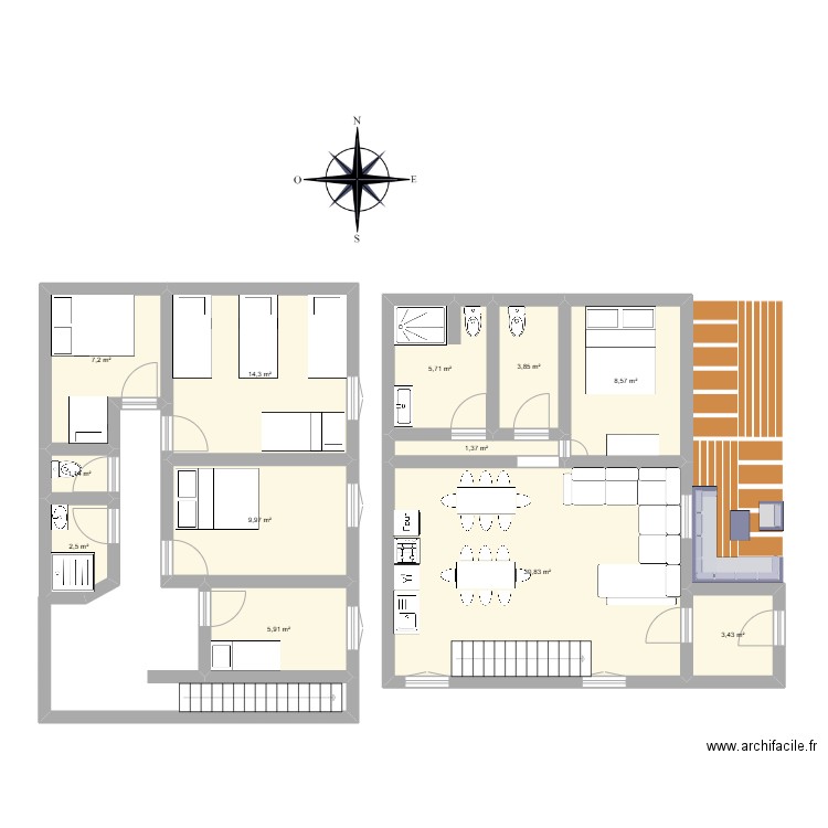 GITE. Plan de 12 pièces et 95 m2